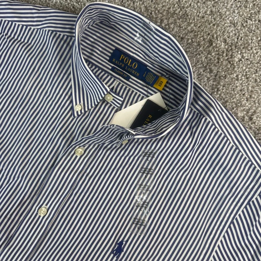 Polo Ralph Lauren Button Down Shirt Mens Large Navy Striped Classic Fit NWT